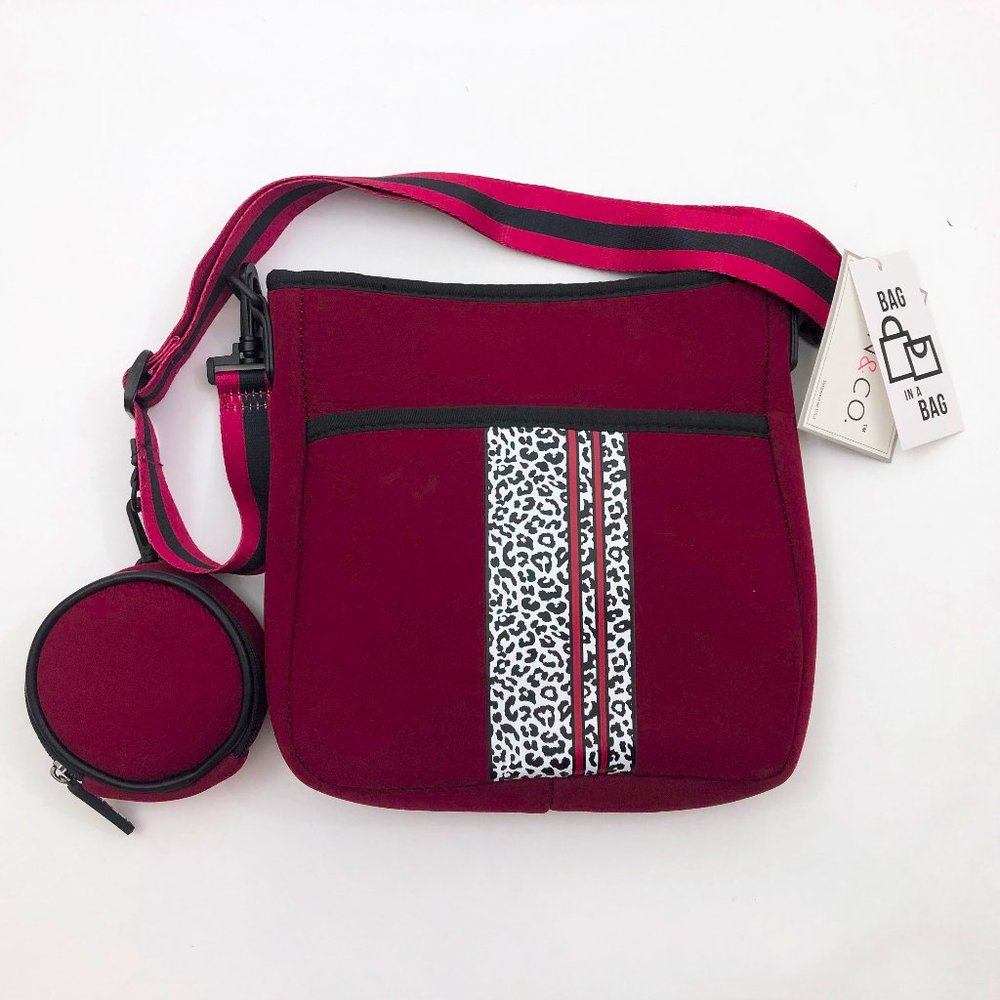 Jen & Co. Neoprene DRU Burgundy Cheetah Print Cross Body Bag in a Bag